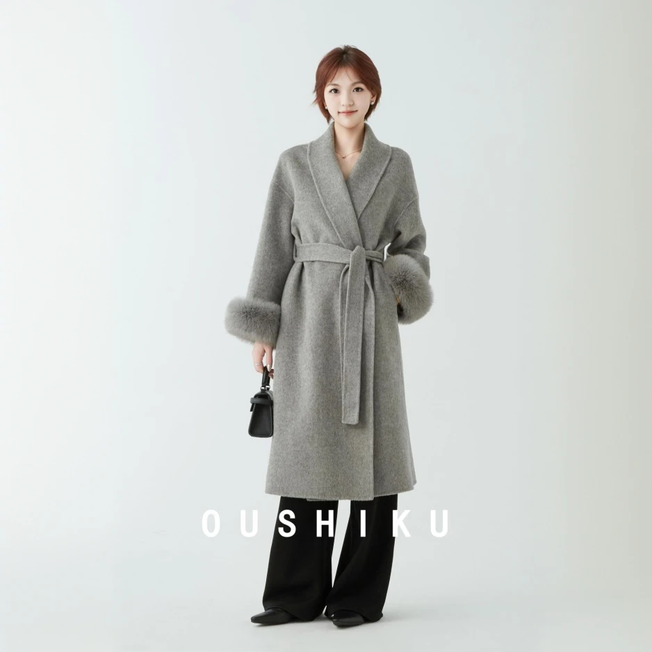 羊毛极简浴袍款双面呢大衣