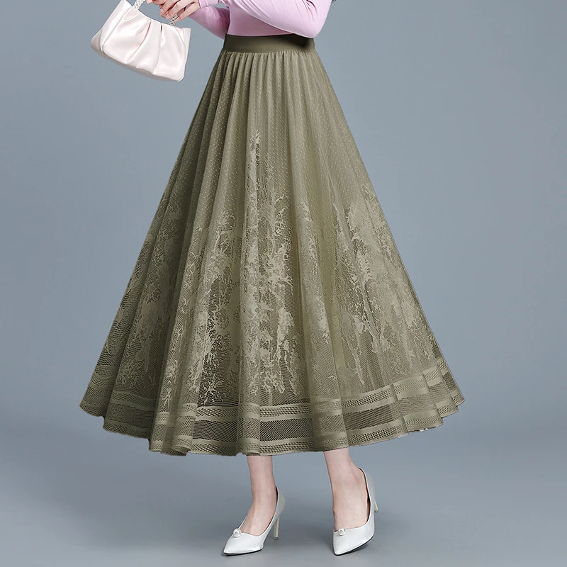 蕾丝两面穿大摆裙A字半身裙春夏百褶裙高腰显瘦长裙2A中长款8031