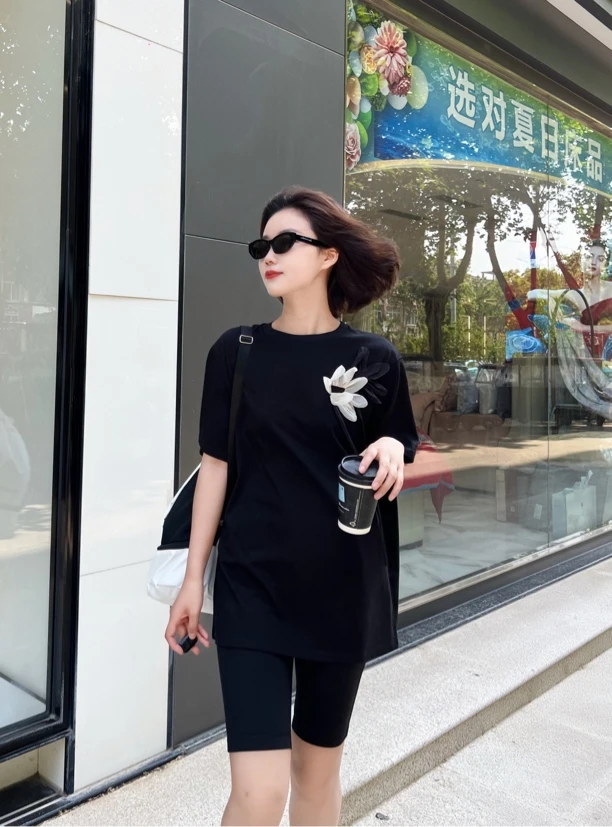 新款时尚舒适百搭休闲纯色圆领短袖T恤女 530136