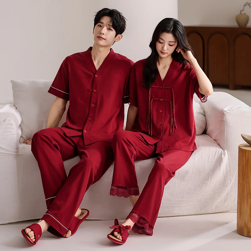 红色情侣睡衣结婚夏季短袖纯棉短袖长裤新人新中式男女家居服套装