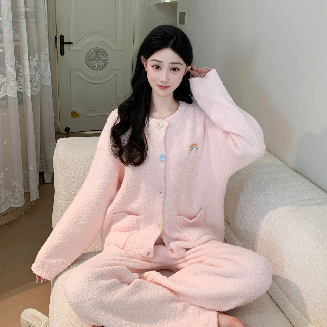 豆豆【粉萌彩虹】软绵绵可外穿半边绒可爱宽松保暖可爱睡衣女