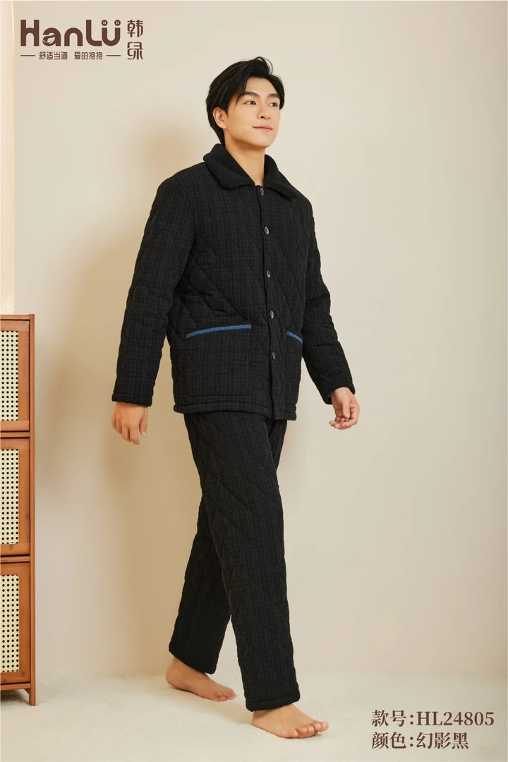 韩绿冬季男士三层夹棉加厚保暖家居服套装