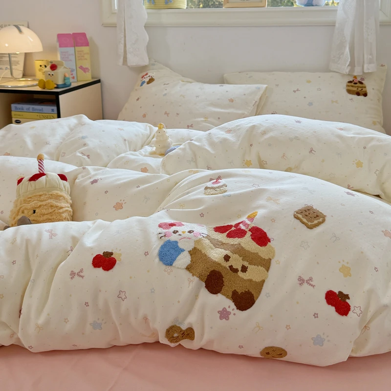 卡通风猫咪蛋糕毛巾绣双层纱床上四件套纯棉100%全棉被套床单床笠