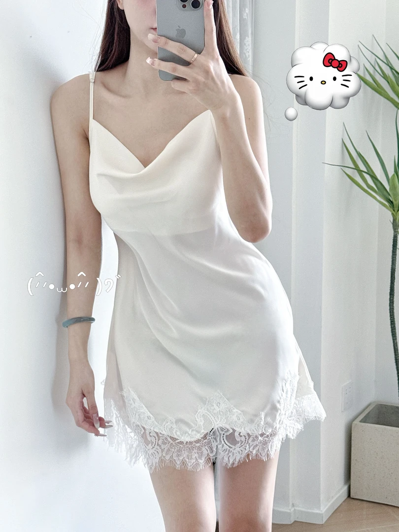 （唯29）性感睡衣女夏季冰丝薄款带胸垫蕾丝吊带睡裙纯欲睡袍