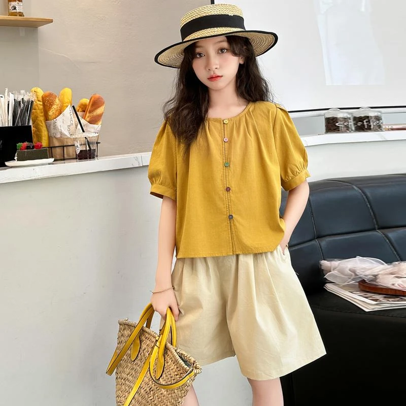 巴拉儿童女童夏季短袖娃娃衫短裤韩系套装中大童小女孩时髦洋气儿