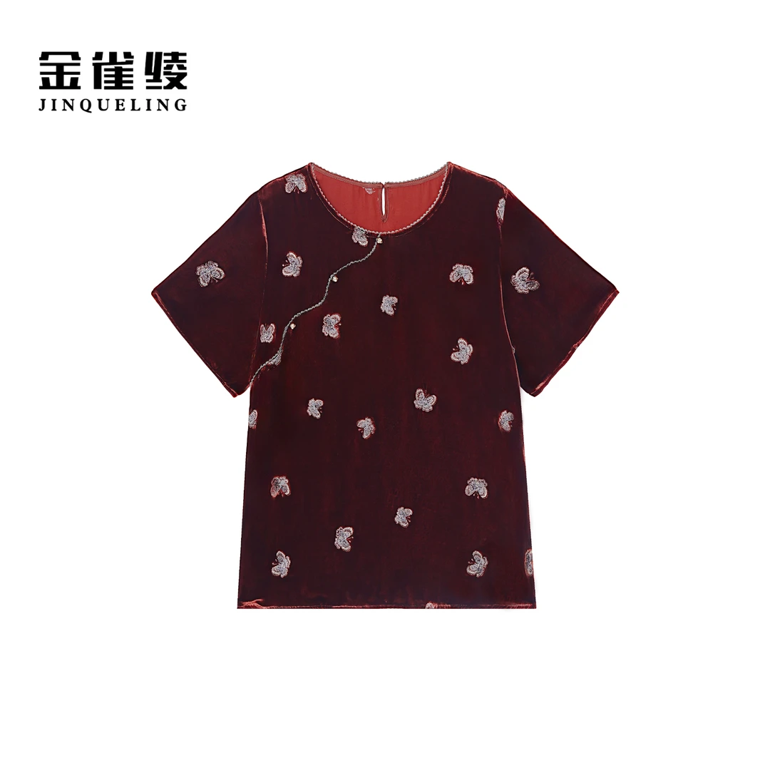 金雀绫【蝴蝶絮语】100桑蚕丝丝绒新中式刺绣加宽加大小衫SZA2SW492