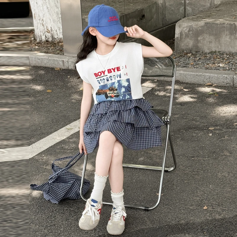 女童夏装套装2025新款儿童裙子夏季洋气女大童学院风蛋糕裙两件套
