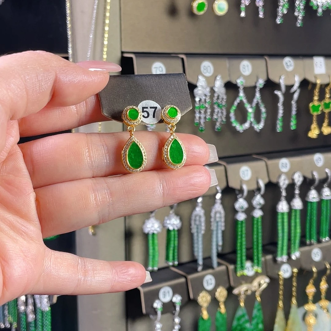 人***画翡翠银S925镶嵌耳饰缅甸A货