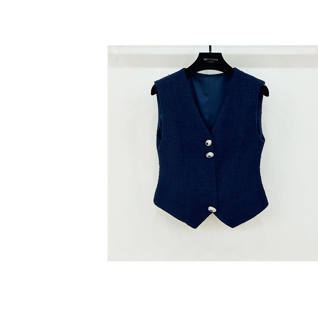 【西西高定】小众设计感银扣V领收腰小香风马甲