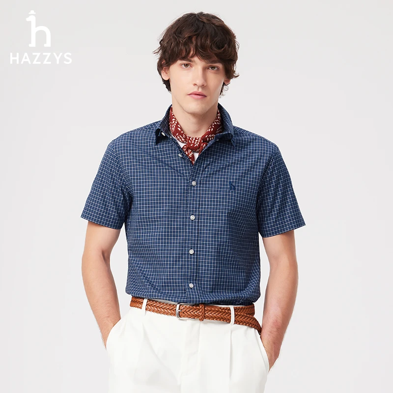 Hazzys哈吉斯夏季男士格纹短袖衬衫商务休闲格子衬衣