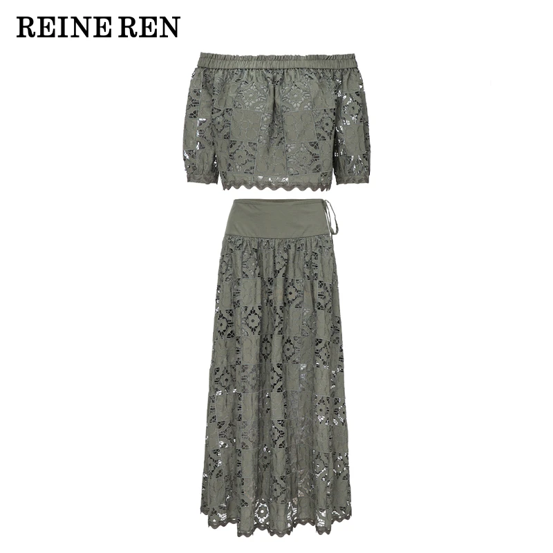 REINEREN设计师任茜灰绿色重工镂空绣花花纹上衣半裙套装