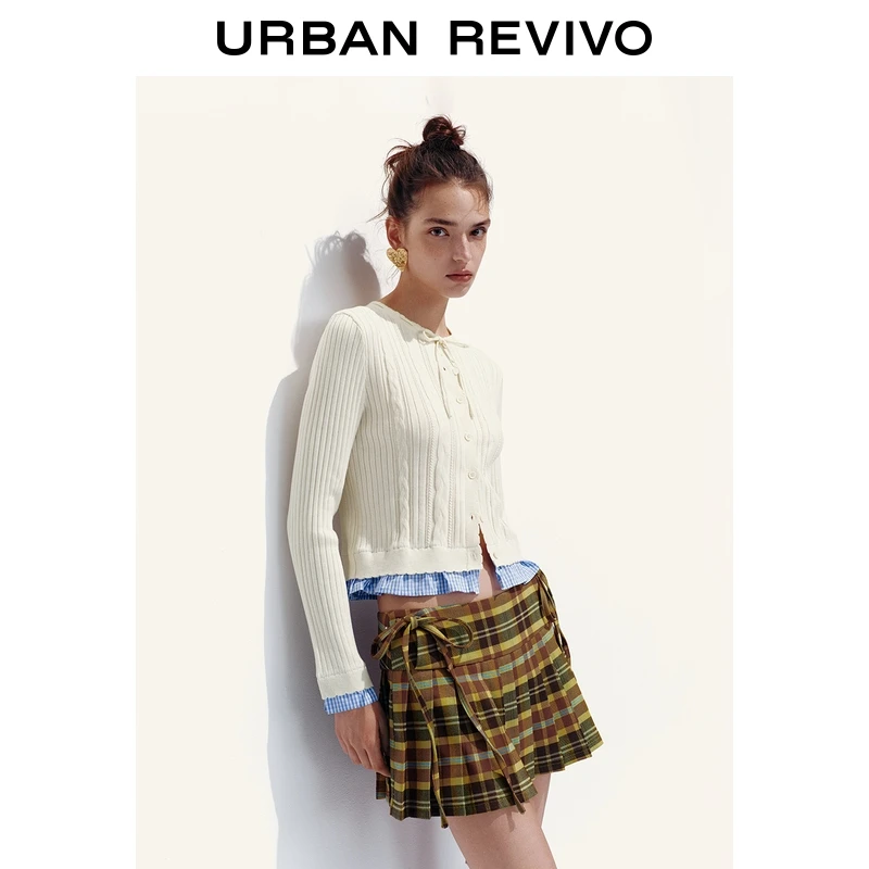 UR2025秋季新款女装假两件格纹拼接针织开衫UYL950140+