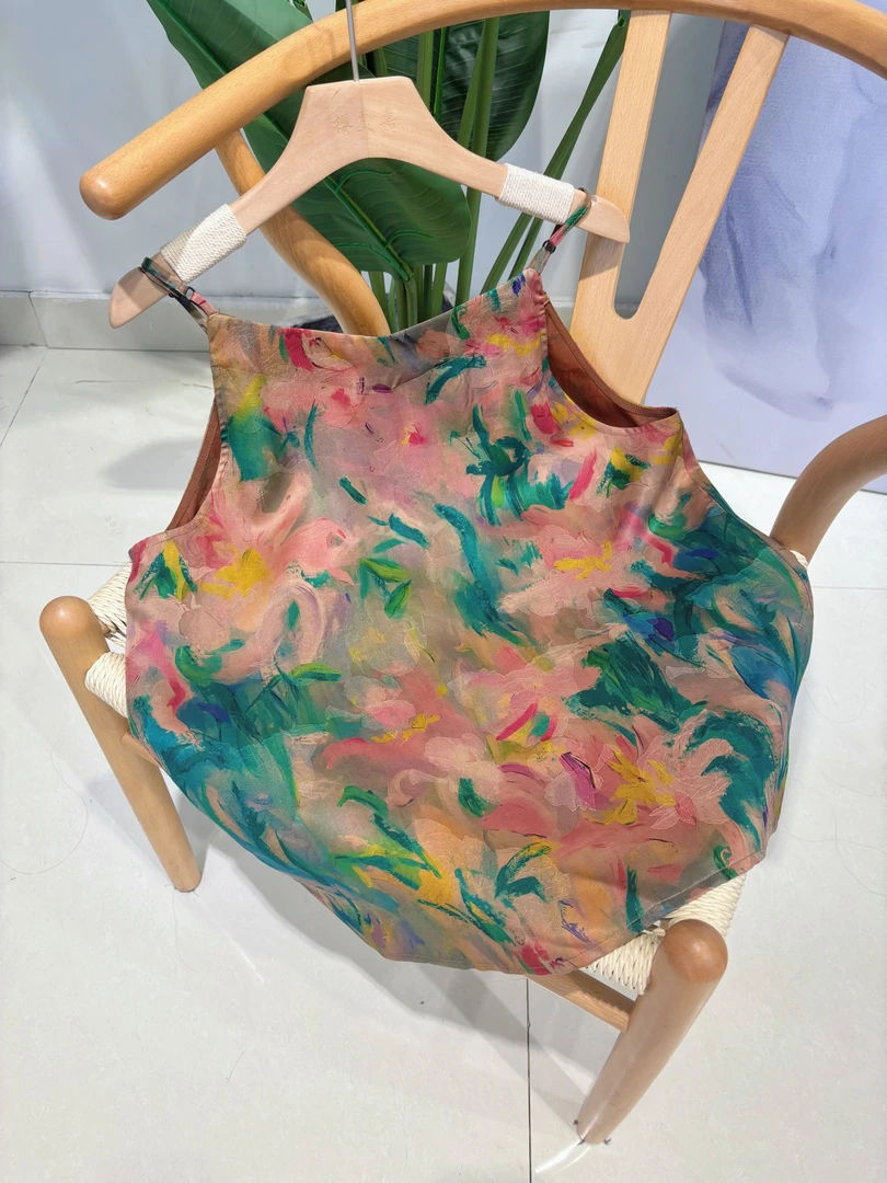 DY2870樱美嘉100桑蚕丝夏季新款吊带油画风时尚减龄娃娃衫