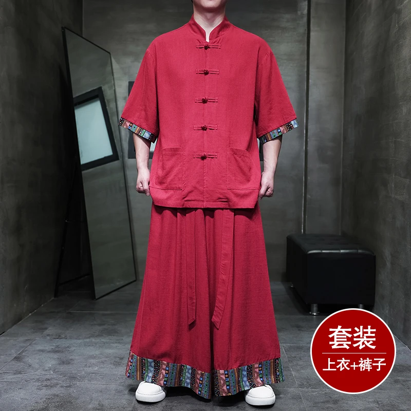 中国风棉麻汉服套装男士夏季民族风印花亚麻短袖衬衫宽松中式裙裤