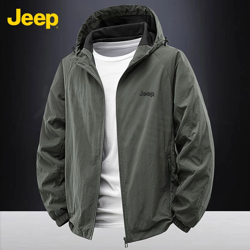 Jeep吉普户外运动休闲宽松初秋季登山防水防风连帽男外套秋季款