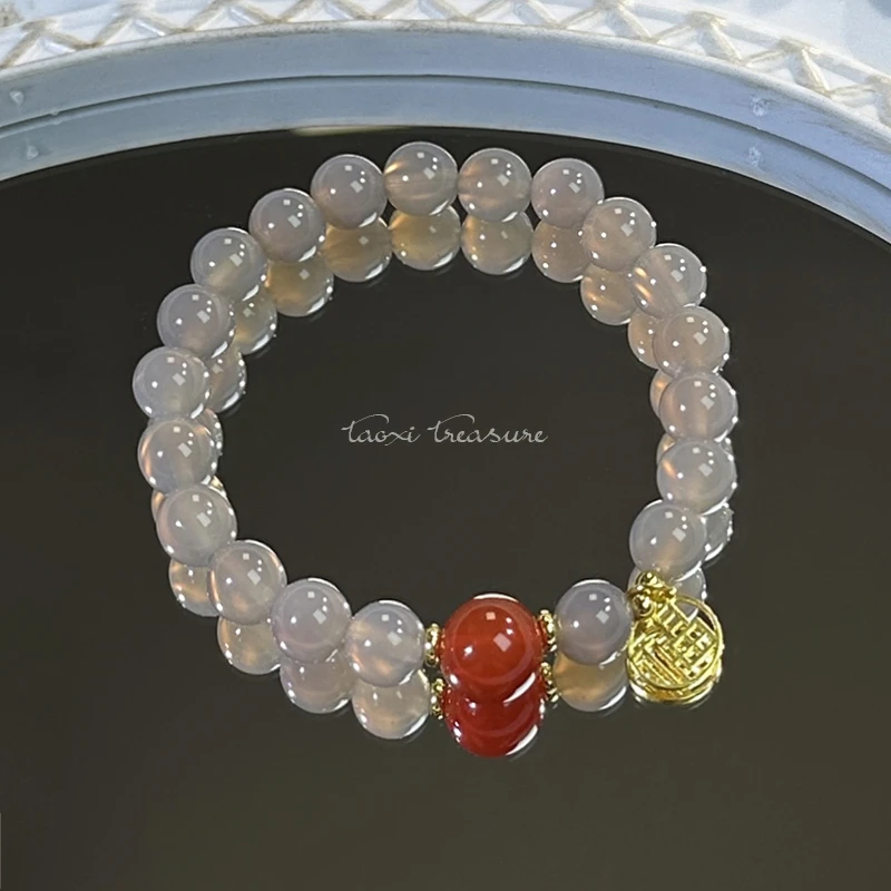 tx955-灰玛瑙红玛瑙福字牌手串