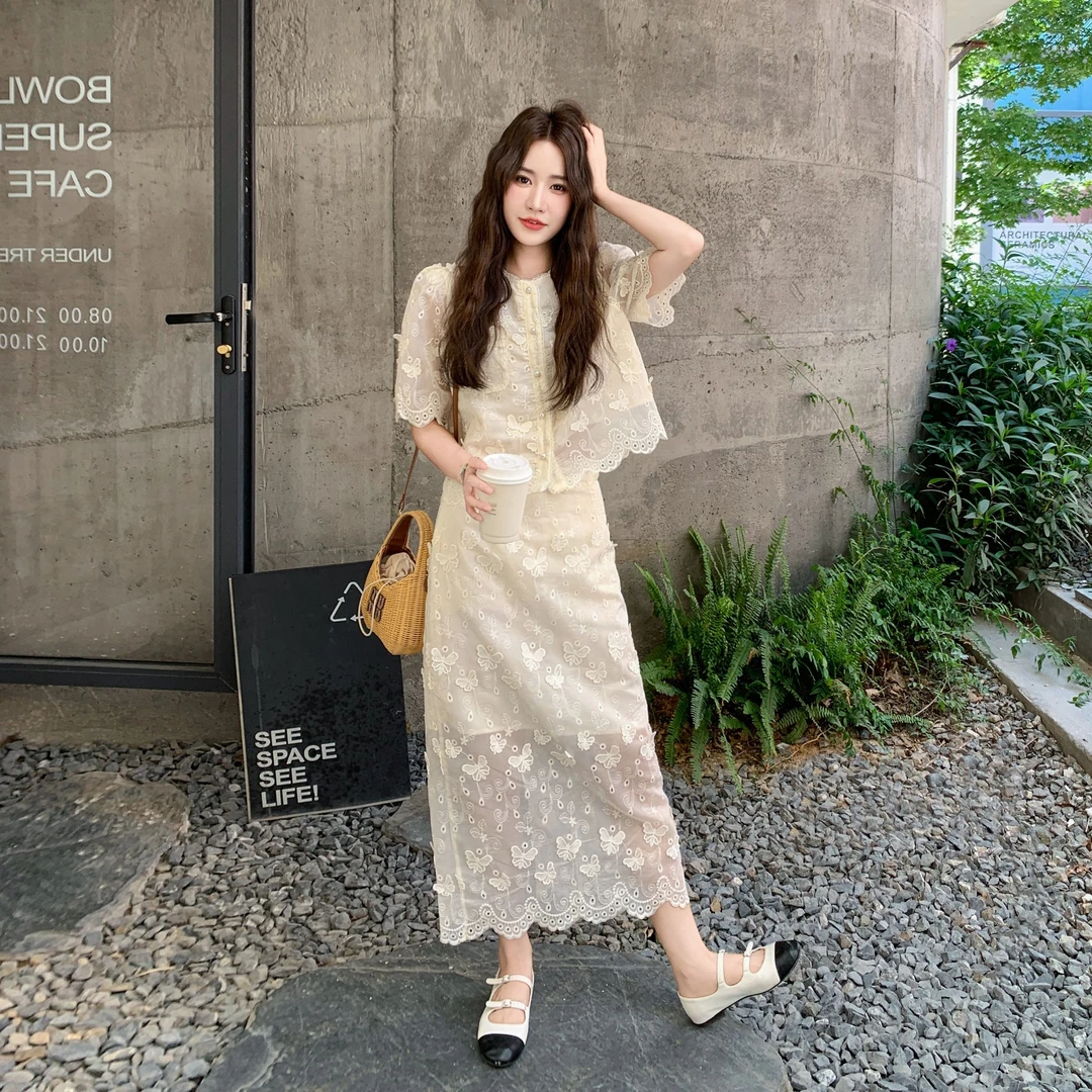 法式重工蕾丝刺绣套装裙女2025夏季新款蝴蝶镂空上衣半身裙两件套