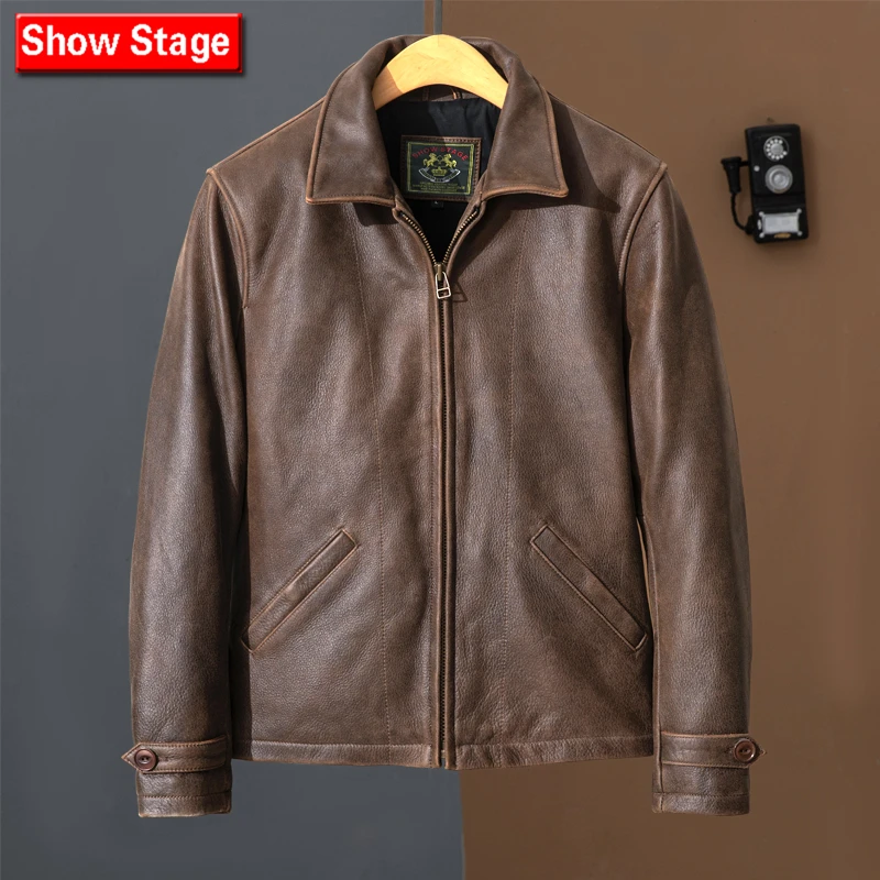 250219杰克高品质定制加厚做旧牛皮男士真皮皮衣简约真皮皮衣新款