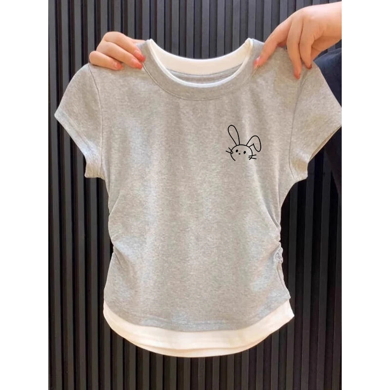 圆领拼接正肩短袖T恤女2025夏季新款假两件褶皱收腰短款修身上衣