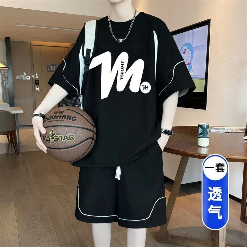网红青少年短裤休闲运动套装男士大学生宽松潮流夏季百搭帅气时尚