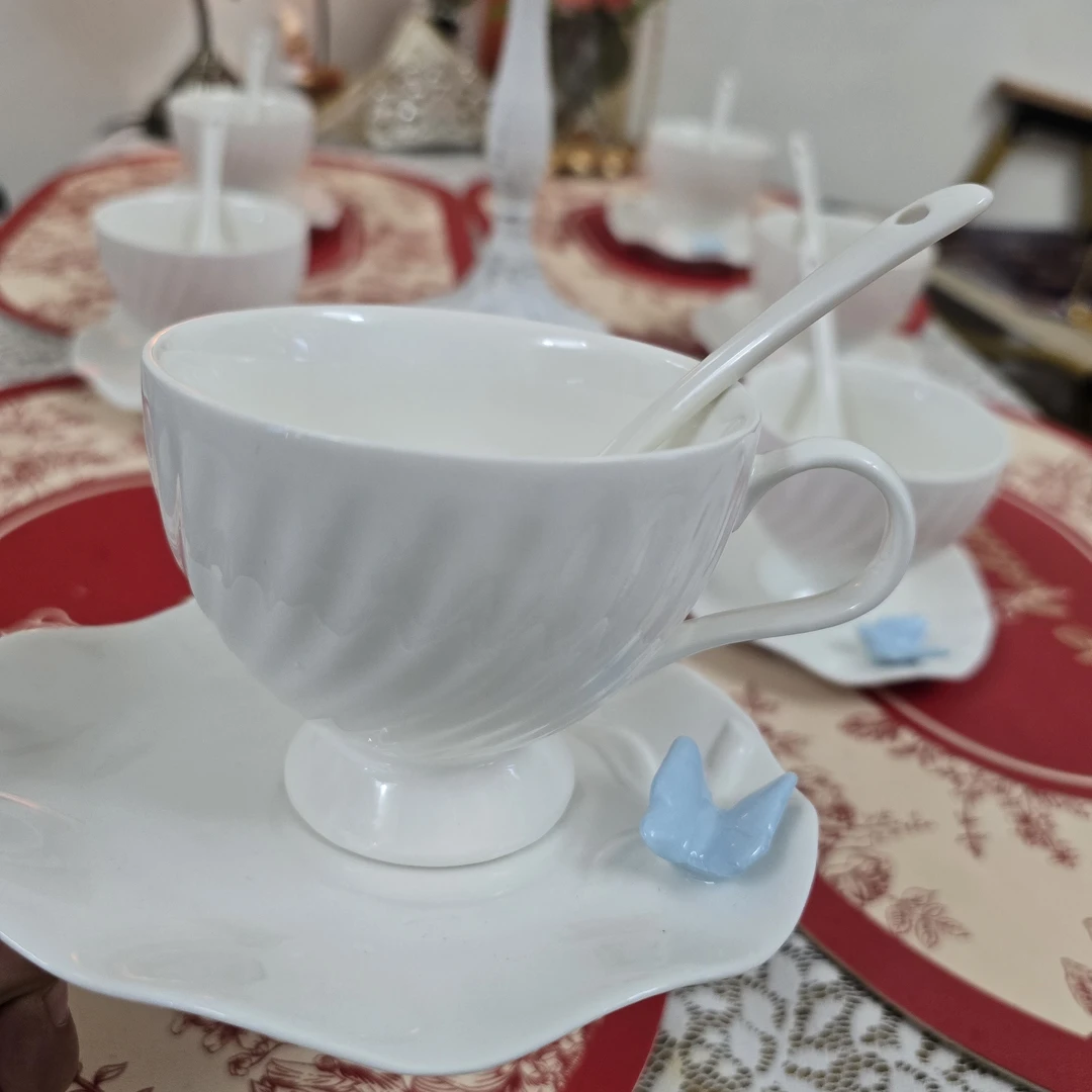 (hasoy新疆包邮)陶瓷法式纯白6杯6碟6勺子简约杯碟套装