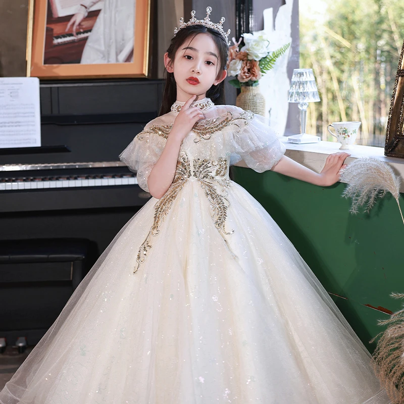 儿童礼服女童轻奢小众高端走秀演出服钢琴演奏表演主持人童晚礼服