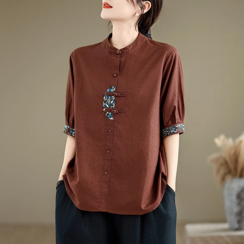 新中式国风刺绣短袖衬衫女夏季2025时尚新款洋气宽松显瘦高端上衣