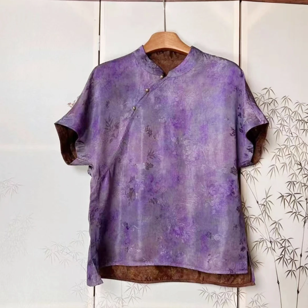 【紫罗兰】双面双穿紫色提花包肩秀上衣