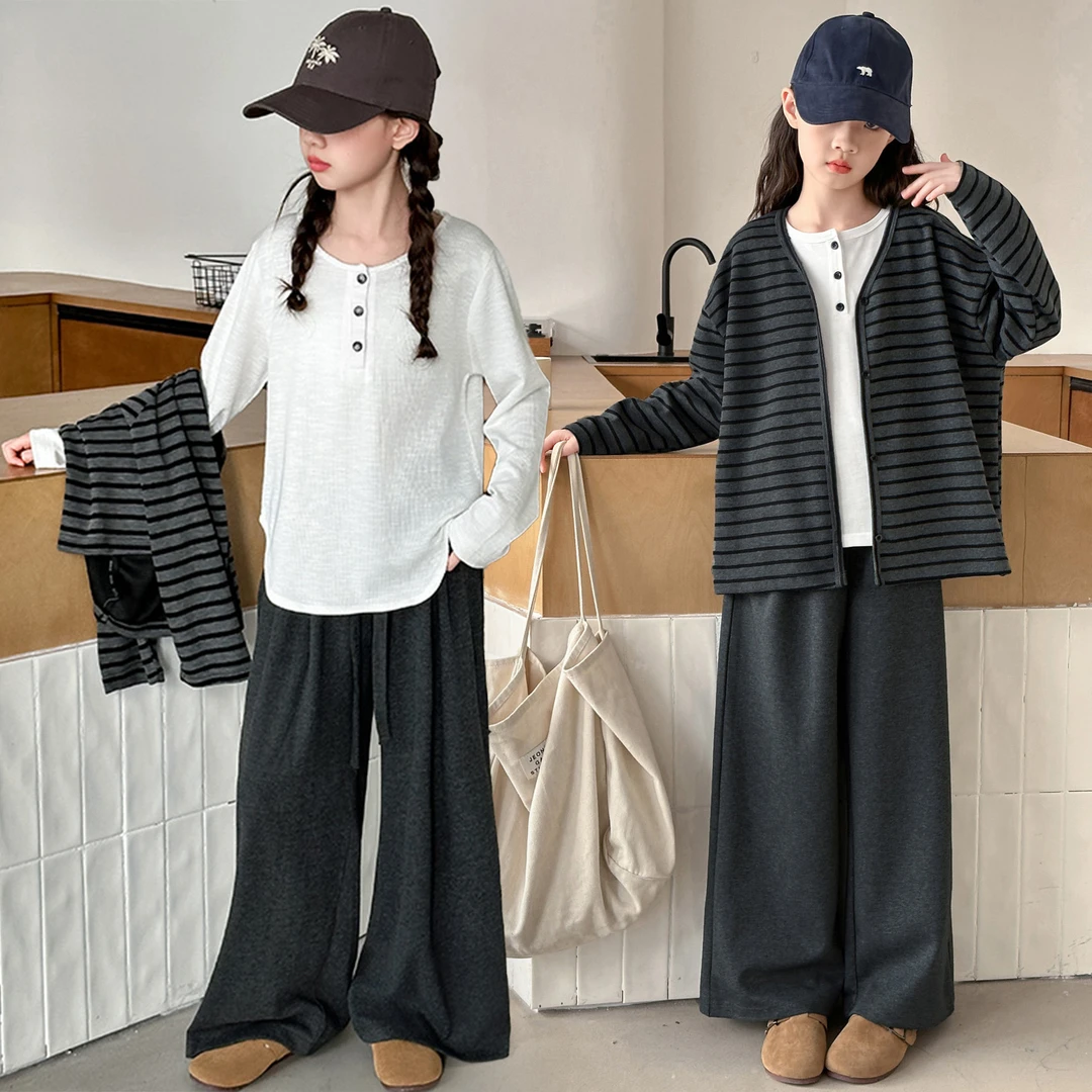 女童套装春秋条纹开衫外套2025新款中大童打底衫上衣阔腿裤三件套