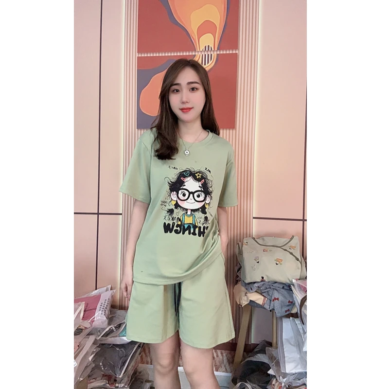 睡衣女夏季新款纯棉短袖短裤韩版时尚可外穿家居服套装（绿芽草）