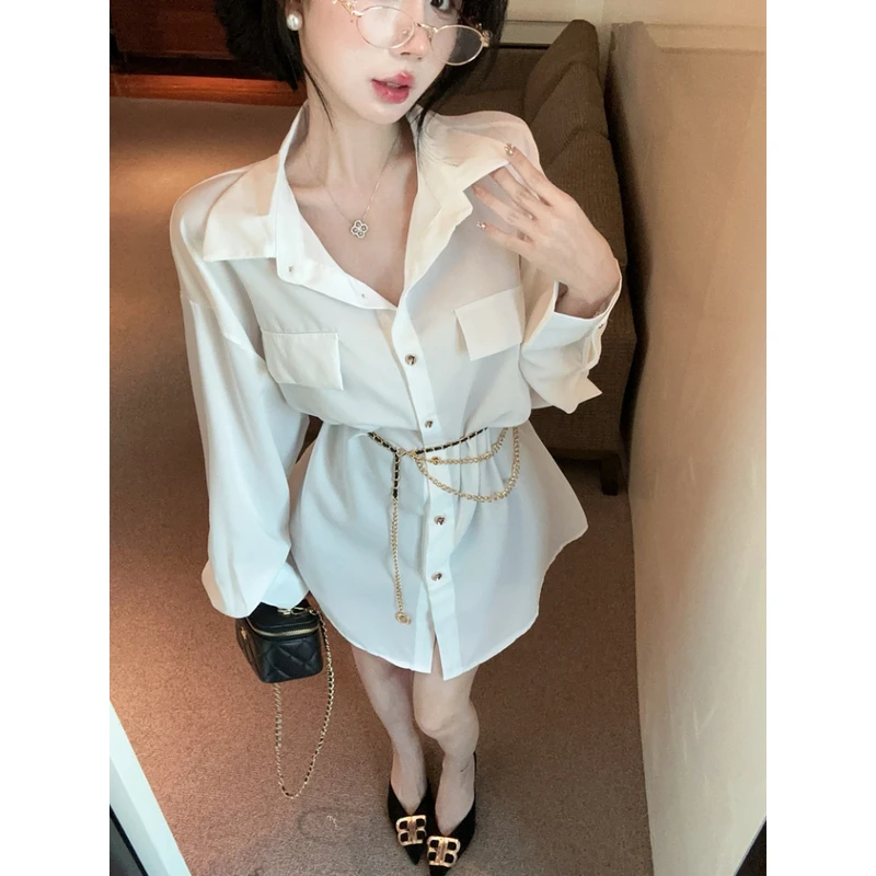 法式气质polo领长袖翻领设计感中长款宽松收腰别致绝美链条衬衫女