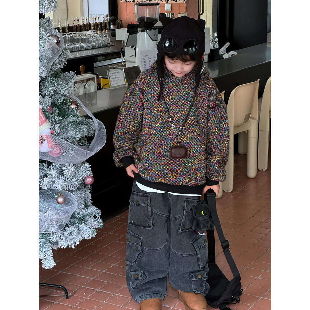 【Tang小白】2025男童冬款时尚彩色混织中大童上衣连帽加绒保暖卫衣