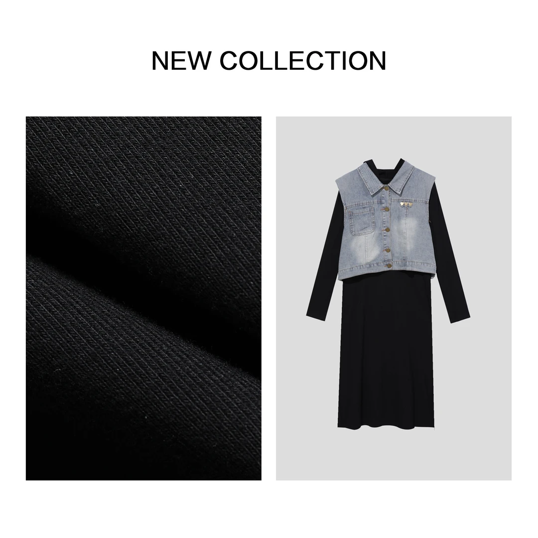 【婷婷专属】D3F33002B 春季牛仔马甲+针织连衣裙套装