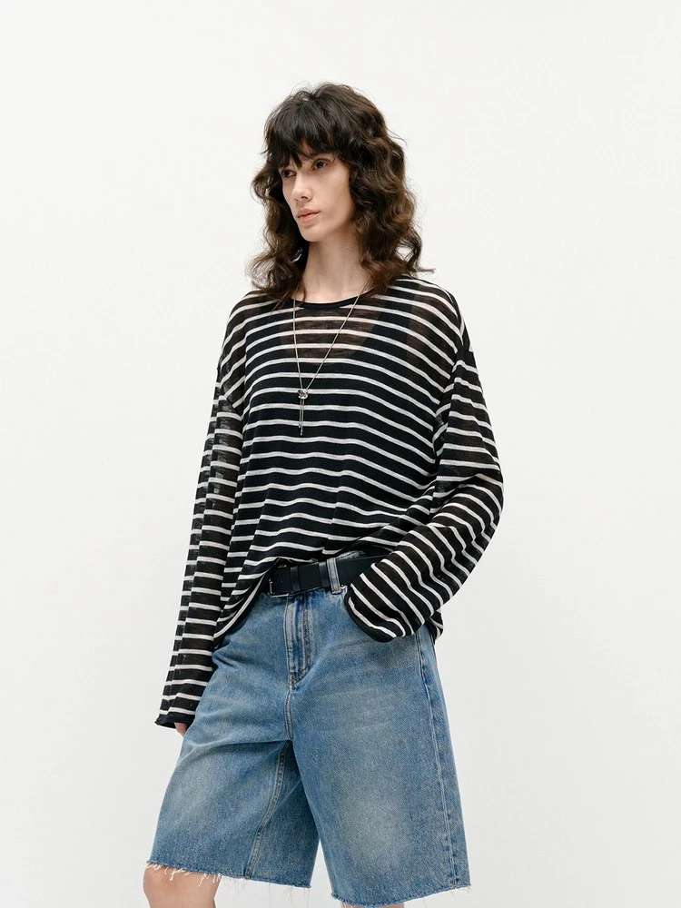 【现货】针织衫25春新品含绵羊毛轻柔宽松落肩黑白条纹