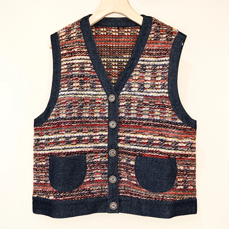 【橘红】提花羊毛高级感复古V领针织背心女百搭减龄无袖混色马甲