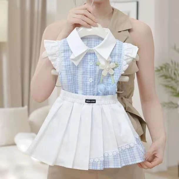 2025夏季新款学院风套装女童高级蓝色格子郁金香上衣短裙jk两件套