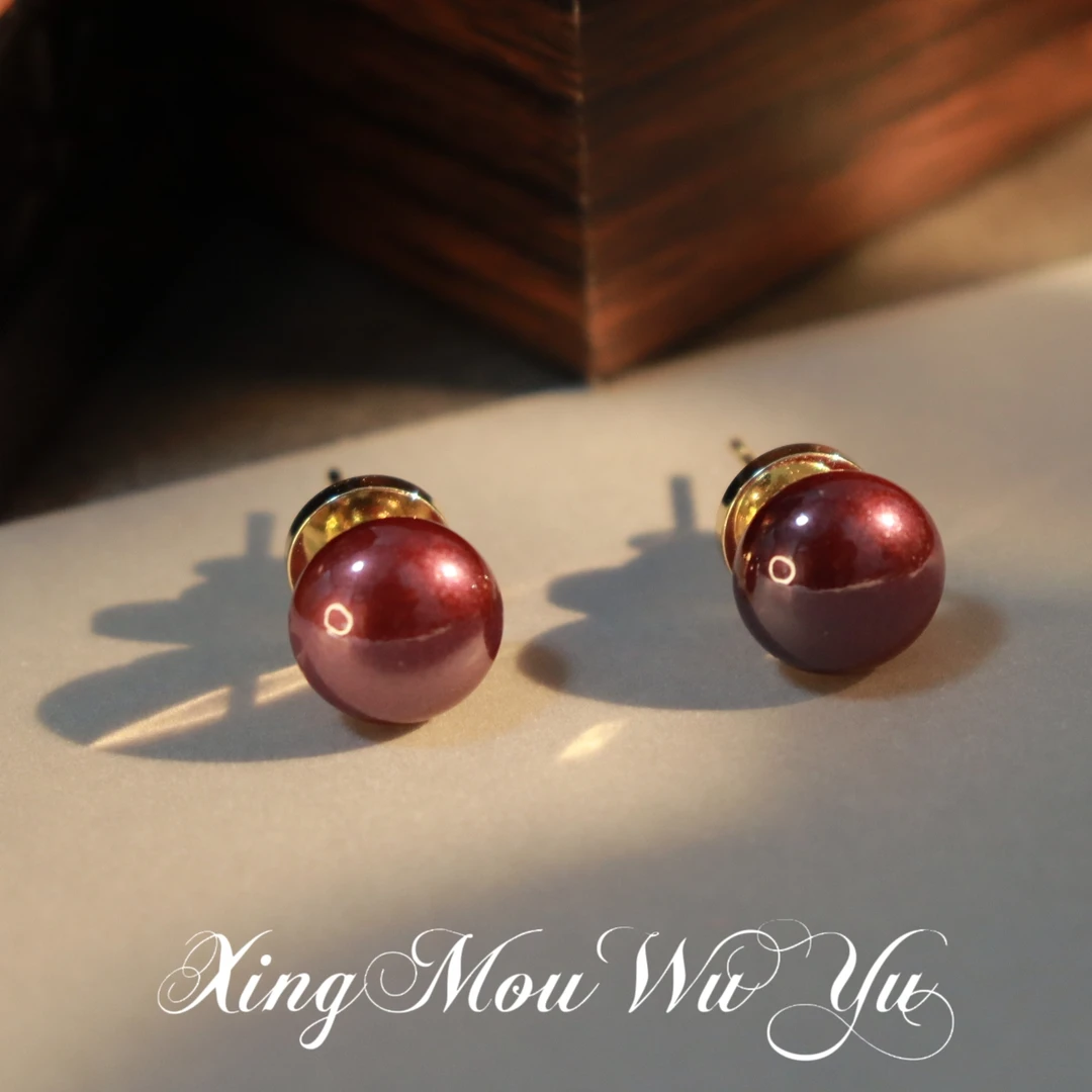 铜合金耳饰 【相思红豆】QW004简约气质酒红豆珠耳钉时尚百搭轻奢