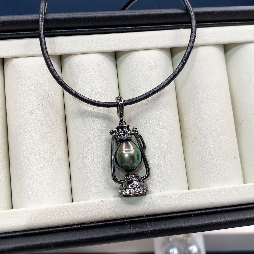 银S925镶嵌颈饰海水珍珠大溪地黑珍珠油灯项链