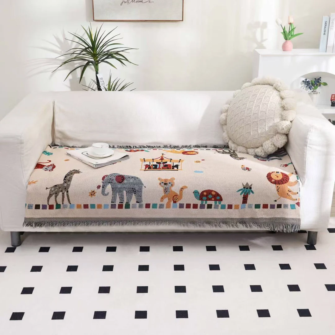 加厚90*180 cm棉麻沙发巾 加厚加大 流苏款 动物乐园