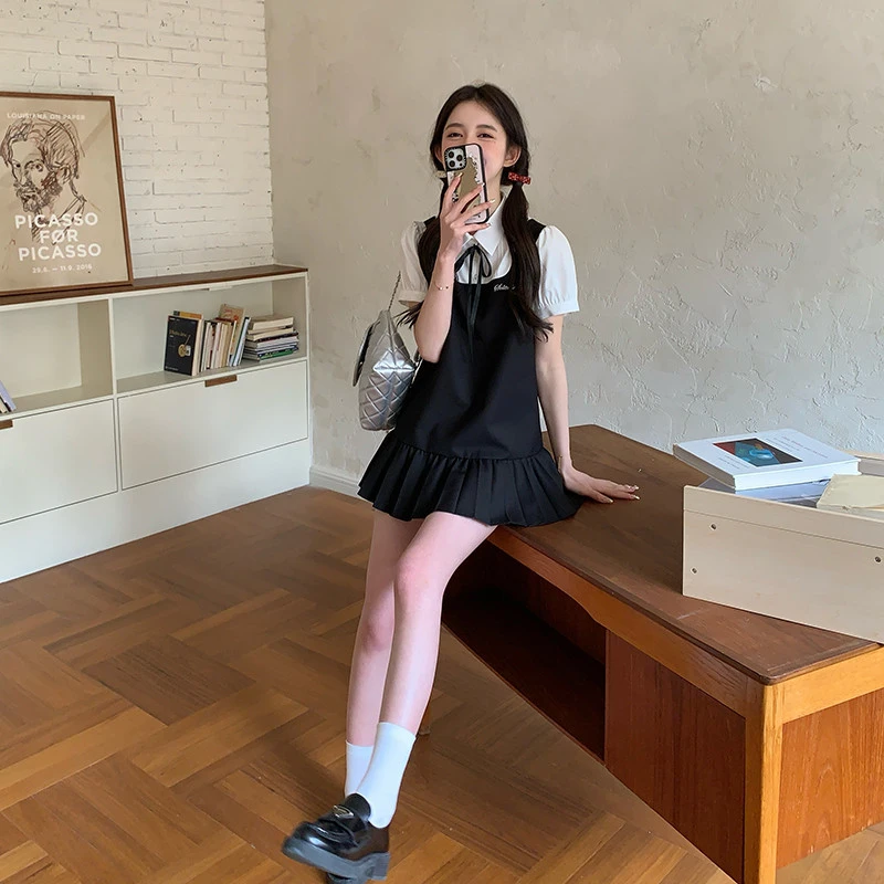 卡奶裙学院风女夏甜美可爱绀色吊带裙衬衫连衣裙套装东京岁时记jk