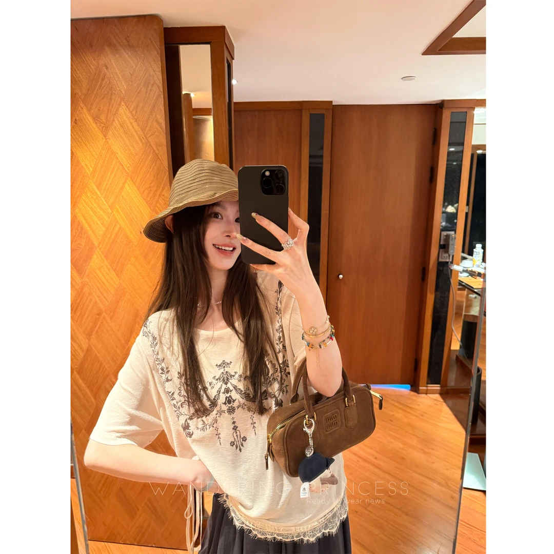 钱美西 凉感夏季手绘印花睫毛蕾丝点睛 纸片人长短袖TM02580