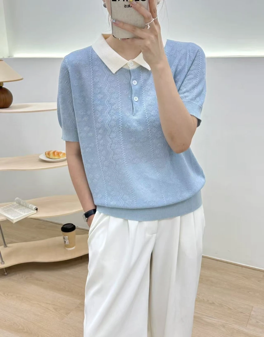 【欧州站天蓝色POLO衫】天丝冰爽透气时尚浮雕气质飞飞袖针织短袖