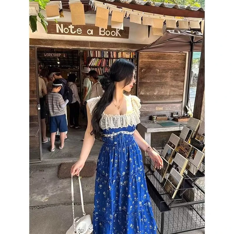 【蔚蓝星海】300斤特大码胖mm法式蓝色碎花吊带连衣裙气质显瘦长裙