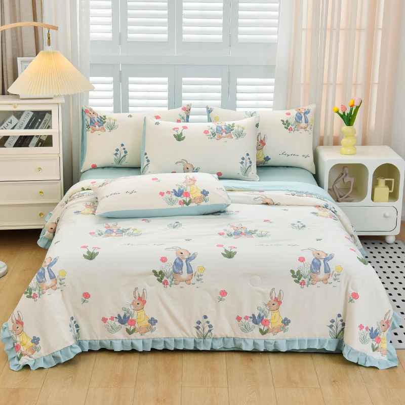 荷叶边夏被四件套柔软透气夏季空调被蜗牛机洗印花斜纹夏凉被套件