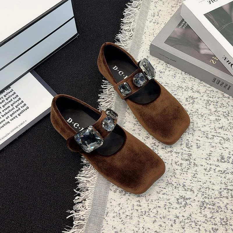 金丝绒水钻方头玛丽珍女鞋2025年春季新款浅口平底单鞋仙女风瓢鞋