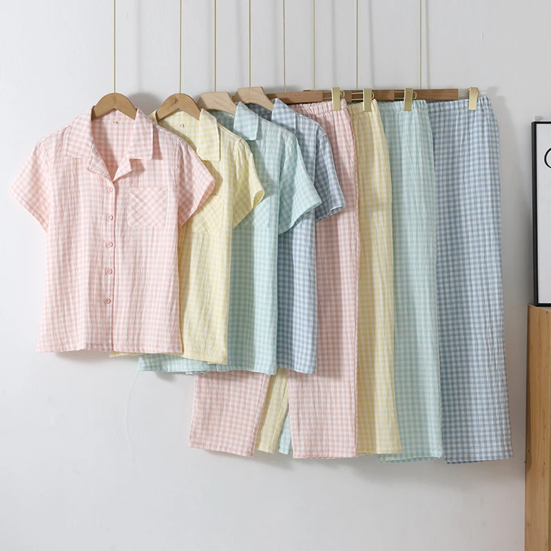 春夏新款情侣无印全棉格子短袖睡衣套装 舒适透气薄款男女家居服