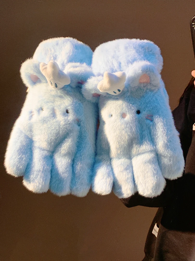 可爱蓝色鼠王毛绒五指手套女冬季保暖加绒加厚防风骑行车2025新款