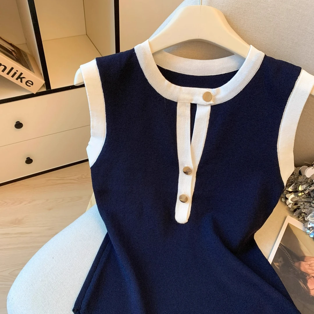 独特别致修身显瘦薄款外穿圆领撞色无袖夏季新款针织衫吊带背心女