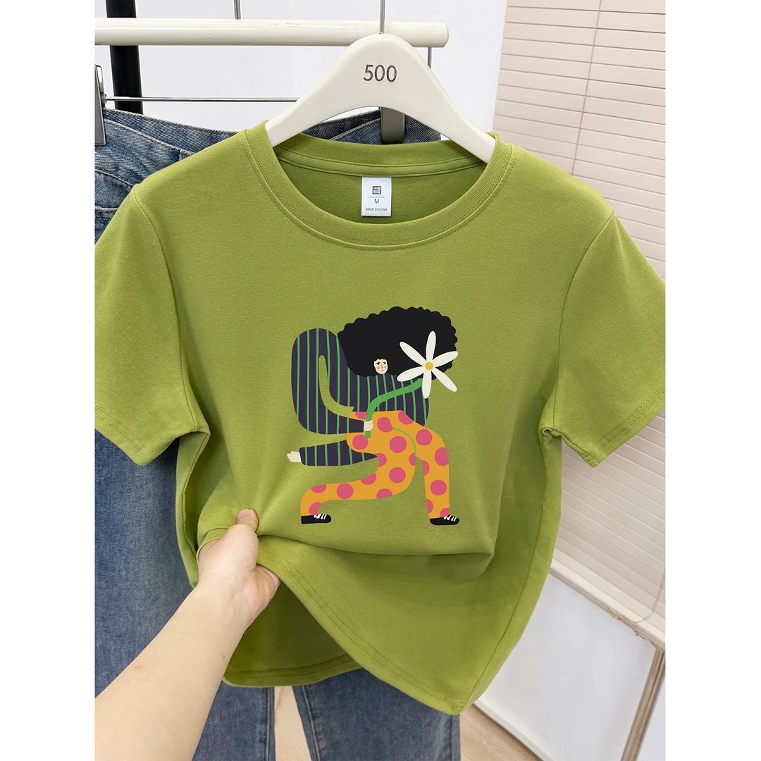 正肩短袖T恤大码女装夏装2025新款爆款时尚圆领个性印花洋气上衣