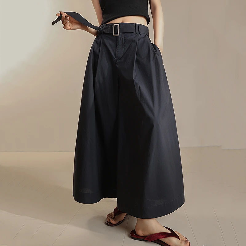 春夏季女腰带九分裤阔腿裤裙裤休闲宽松藏蓝色显瘦时尚纯棉MD5156